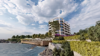 Architectural rendering of the building beside the shoreline and bathing deck