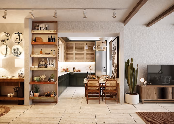 Architectural rendering of open shelving between the living room and kitchen in Alacati, Cesme.