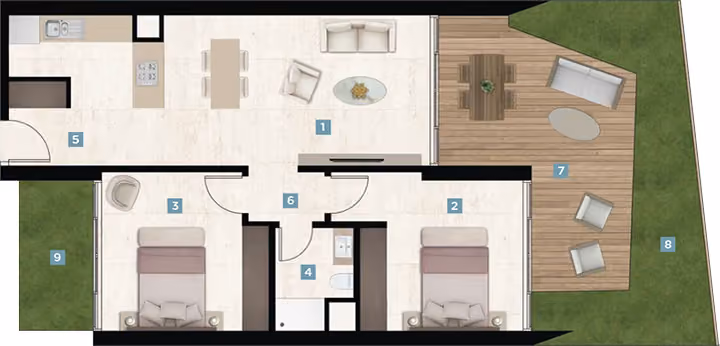 Two-bedroom apartment floor plan.