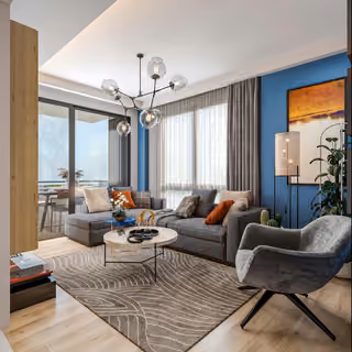 Interior visualisation of a living room opening onto a balcony.