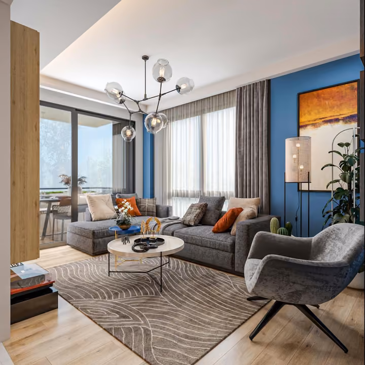 Interior visualisation of a living room opening onto a balcony.