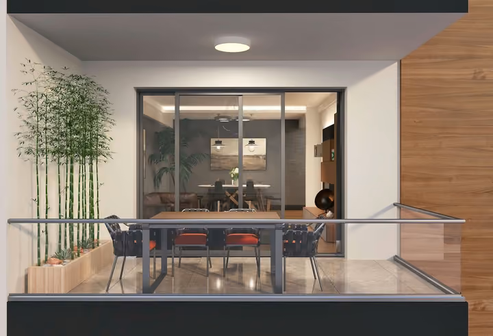Interior visualization of a furnished balcony beside the open living area.