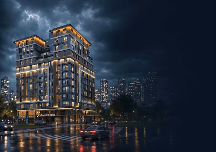 Architectural rendering of the apartment building at night with illuminated windows and street-level frontage.