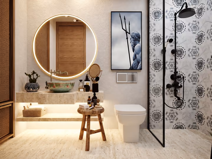 Architectural rendering of bathroom with illuminated round mirror and walk-in shower in Alacati, Cesme.