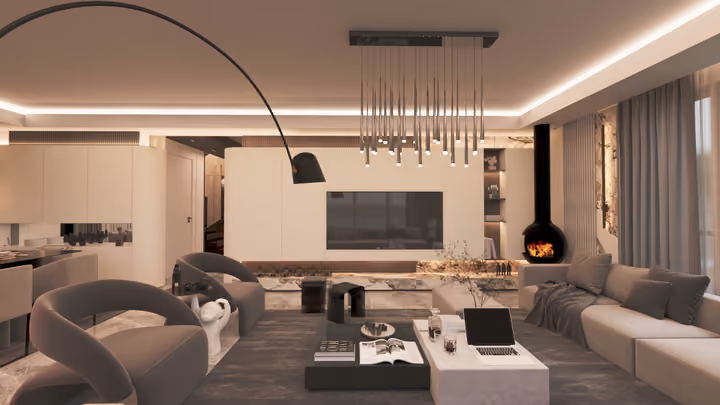 A living room with a media wall, sofas, chairs and a suspended fireplace. Architectural render supplied in the project source folder; it illustrates the proposed design.