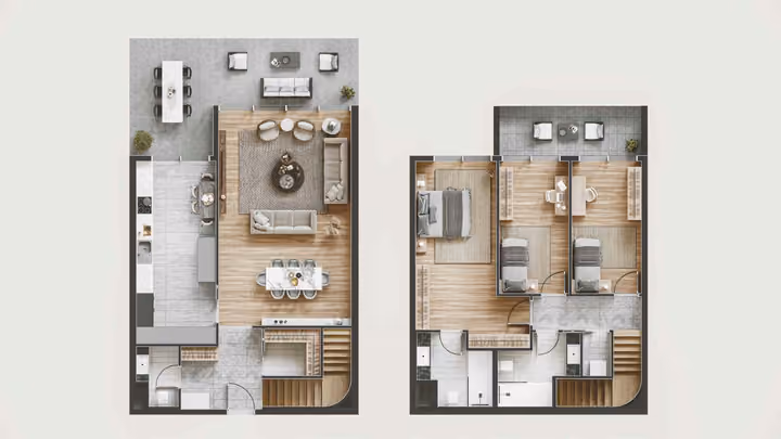 Developer floor-plan illustration of the two levels of a three-bedroom garden duplex.