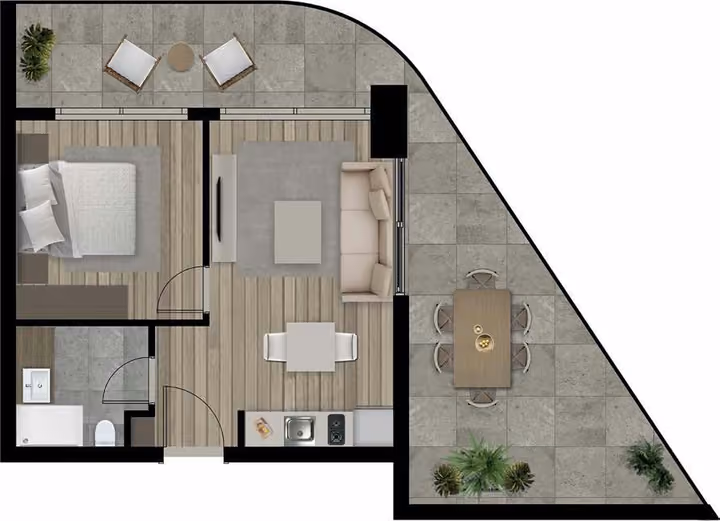 Developer floor-plan illustration of a one-bedroom type C apartment with one bathroom and a corner terrace.