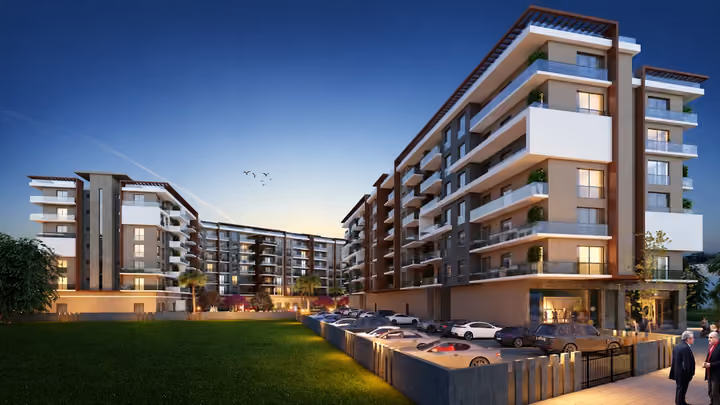 Architectural rendering of apartment buildings with projecting balconies and outdoor parking.