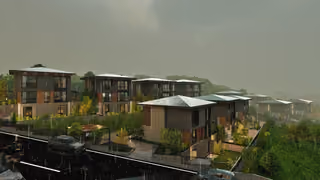 Rows of hillside villas and landscaped gardens in a rainy scene. Architectural render supplied in the project source folder; it illustrates the proposed design.