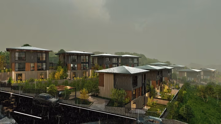 Rows of hillside villas and landscaped gardens in a rainy scene. Architectural render supplied in the project source folder; it illustrates the proposed design.