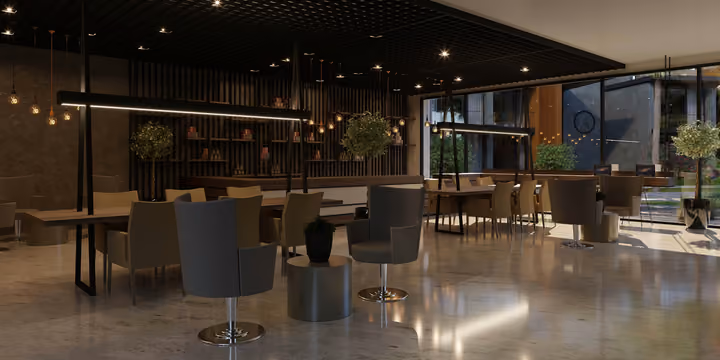 Architectural rendering of residents lounge with bar and seating in Gaziemir, Izmir.