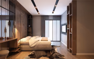 Architectural rendering of bedroom with balcony doors.