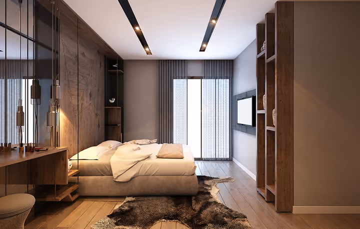 Architectural rendering of bedroom with balcony doors.