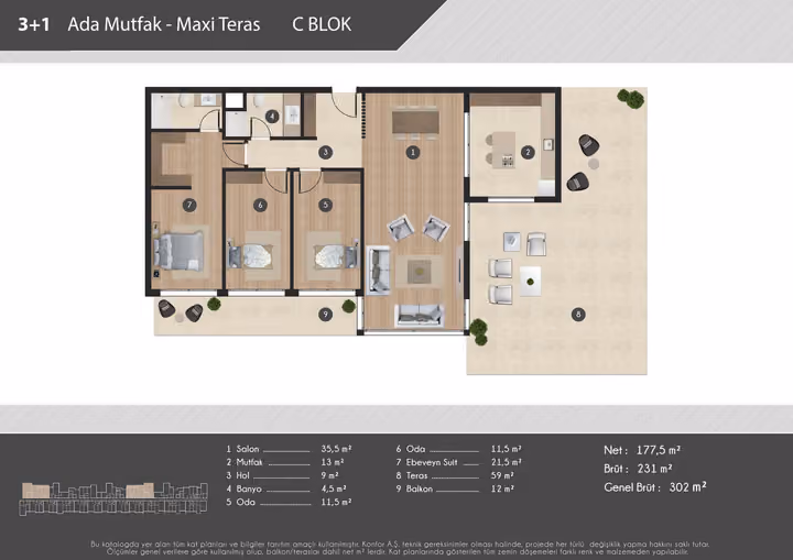 Published example floor plan showing three bedroom large terrace apartment plan.