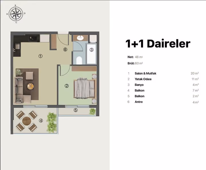 One-bedroom plan marked 60 square metres gross and 48 square metres net, with one bathroom and two balconies.