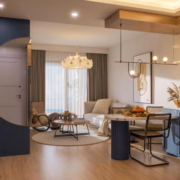 Interior rendering of the open living room, dining space and kitchen
