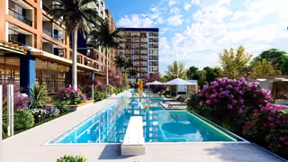 Architectural visualisation of the outdoor pool and water slides.