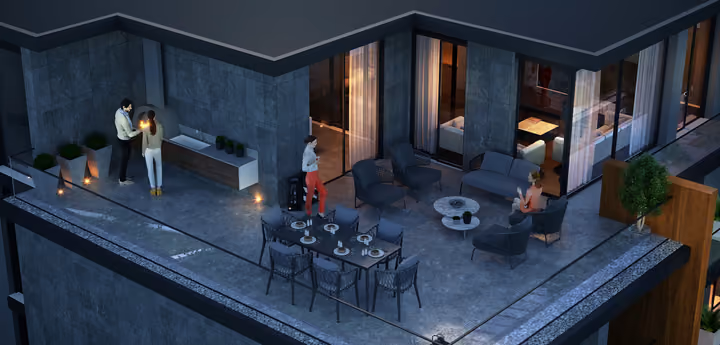 Architectural rendering of elevated view of an outdoor terrace at night in Gaziemir, Izmir.