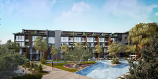 Architectural rendering of apartment facades around the landscaped outdoor pool in Gaziemir, Izmir.