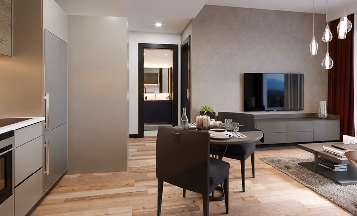 Architectural rendering of one-bedroom apartment living and dining area.