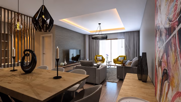 Interior rendering showing the dining area looking through to the living room and window.