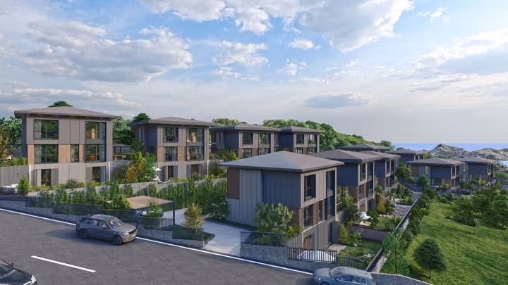 Hillside villas, garden terraces and roads viewed from above. Architectural render supplied in the project source folder; it illustrates the proposed design.
