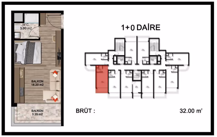 Studio plan marked 32 square metres gross with one bathroom and a balcony.