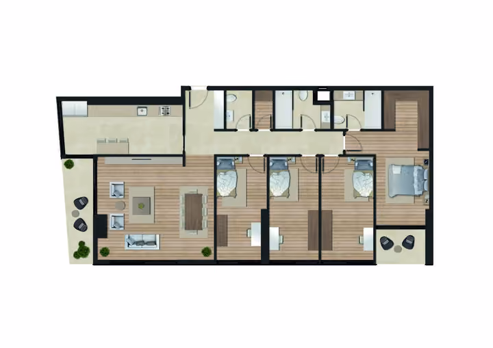 Original catalogue floor-plan illustration for a 4-bedroom apartment with two bathrooms, 151.62 square metres net and 167.00 square metres gross area. Some layouts also have a separate guest WC.