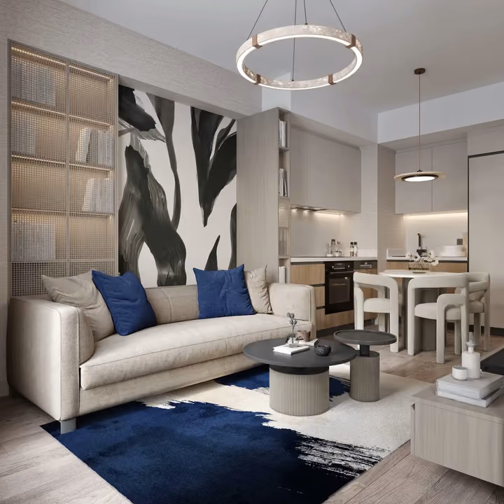 Interior rendering of a one-bedroom apartment living room and open kitchen in Topkapi