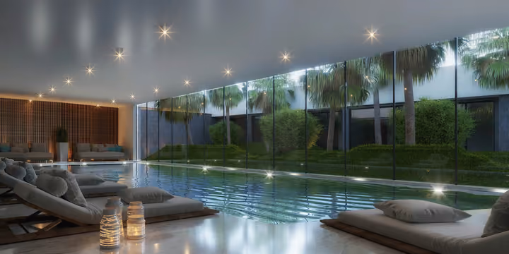 Architectural rendering of indoor swimming pool beside garden glazing in Gaziemir, Izmir.