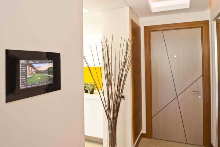 Apartment entrance with a wall control panel.