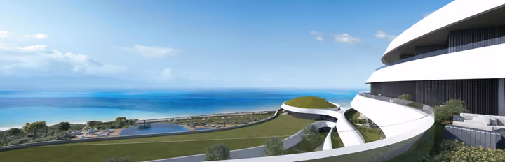 Architectural visualization of an apartment terrace and the sea beyond the landscaped grounds.