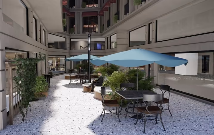 Architectural rendering of the courtyard between the residential facades.