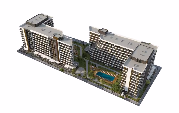 Developer site visualization showing the building arrangement and internal pool courtyards.