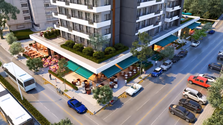 Rendering of cafe terraces and shops around the base of the residential tower.