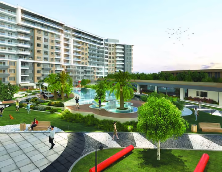 Architectural visualization of planted gardens, paths and seating areas beside the residential buildings.