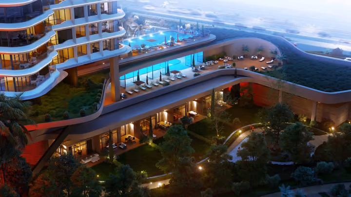 Architectural visualization looking across the pool terrace and landscaped podium.