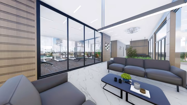 Rendering of a shared lounge beside the fitness area