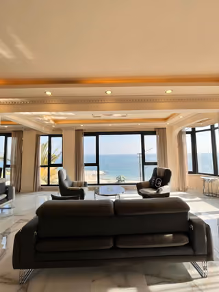 Living room sea view in the furnished seafront mansion in Buyukcekmece.