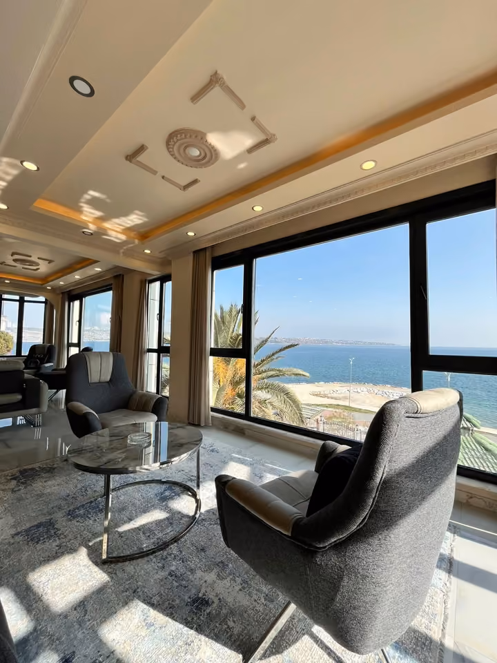 Lounge coastal view in the furnished seafront mansion in Buyukcekmece.