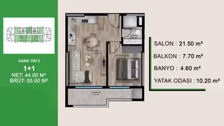 One-bedroom plan showing 55 square metres gross area, one bathroom and one balcony.
