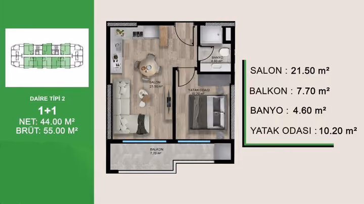 One-bedroom plan showing 55 square metres gross area, one bathroom and one balcony.