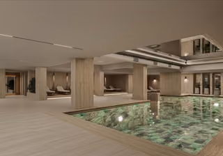 Architectural visualisation of the indoor swimming pool and seating area.