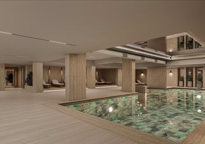 Architectural visualisation of the indoor swimming pool and seating area.