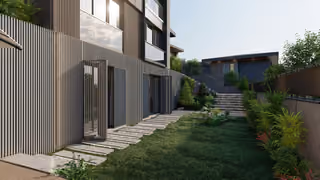 A planted garden path beside a villa and vertical boundary fence. Architectural render supplied in the project source folder; it illustrates the proposed design.