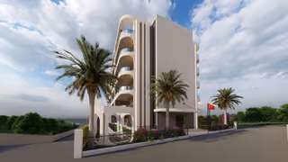 Architectural rendering of the entrance facade beside the road