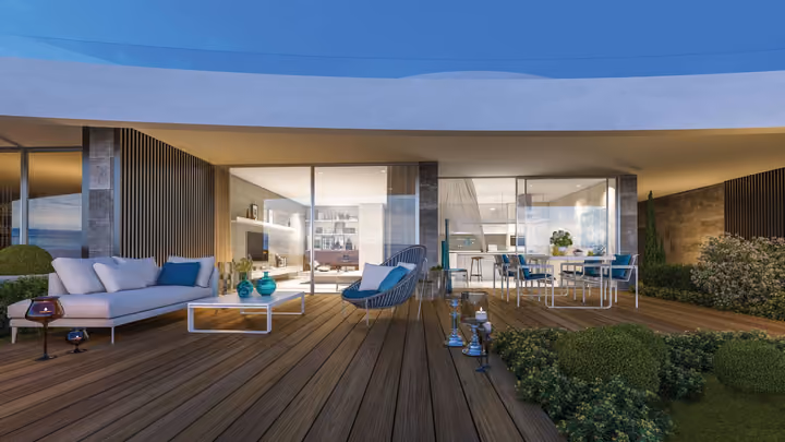 Developer visualization of an outdoor terrace with direct access to the living space.