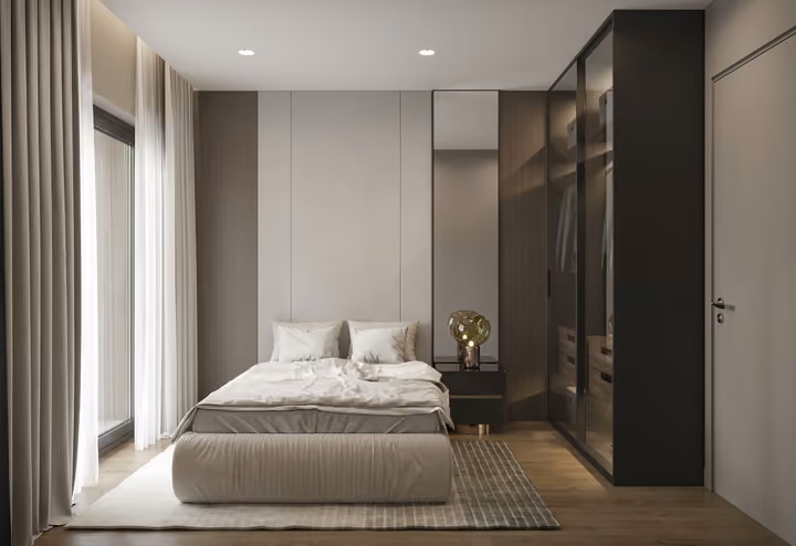 Interior visualization of a double bedroom with full-height storage and a large window.