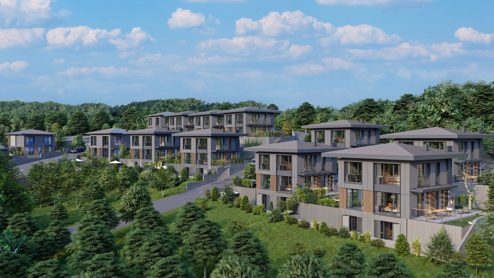 A wide view of villas arranged along a landscaped hillside. Architectural render supplied in the project source folder; it illustrates the proposed design.