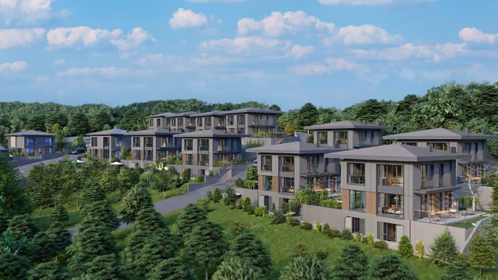 A wide view of villas arranged along a landscaped hillside. Architectural render supplied in the project source folder; it illustrates the proposed design.